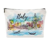 Italy Watercolour Motif Cosmetic Bag, Robust Linen Make Up Bag with Soft Lining, Lightweight Makeup Bag, Popular Italy Gift for Women Girls Travel Everyday