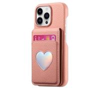 iTape Litchi-Grain cardholder Integrated Phone case for iPhone 14 Pro max, Soft Touch, Folding Card Slot with Makeup Mirror, and Drop-Proof Laser Hearts on All Four Corners RFID Anti-Theft Card