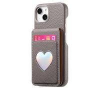 iTape Litchi-Grain cardholder Integrated Phone case for iPhone 14, Soft Touch, Folding Card Slot with Makeup Mirror, and Drop-Proof Laser Hearts on All Four Corners RFID Anti-Theft Card