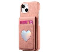 iTape Litchi-Grain cardholder Integrated Phone case for iPhone 14, Soft Touch, Folding Card Slot with Makeup Mirror, and Drop-Proof Laser Hearts on All Four Corners RFID Anti-Theft Card