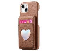 iTape Litchi-Grain cardholder Integrated Phone case for iPhone 14, Soft Touch, Folding Card Slot with Makeup Mirror, and Drop-Proof Laser Hearts on All Four Corners RFID Anti-Theft Card