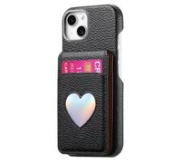 iTape Litchi-Grain cardholder Integrated Phone case for iPhone 14, Soft Touch, Folding Card Slot with Makeup Mirror, and Drop-Proof Laser Hearts on All Four Corners RFID Anti-Theft Card