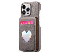 iTape Litchi-Grain cardholder Integrated Phone case for iPhone 15 Pro max, Soft Touch, Folding Card Slot with Makeup Mirror, and Drop-Proof Laser Hearts on All Four Corners RFID Anti-Theft Card