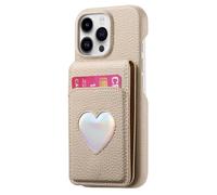 iTape Litchi-Grain cardholder Integrated Phone case for iPhone 15 Pro max, Soft Touch, Folding Card Slot with Makeup Mirror, and Drop-Proof Laser Hearts on All Four Corners RFID Anti-Theft Card