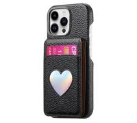 iTape Litchi-Grain cardholder Integrated Phone case for iPhone 15 Pro max, Soft Touch, Folding Card Slot with Makeup Mirror, and Drop-Proof Laser Hearts on All Four Corners RFID Anti-Theft Card