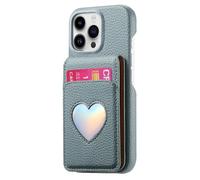 iTape Litchi-Grain cardholder Integrated Phone case for iPhone 15 Pro max, Soft Touch, Folding Card Slot with Makeup Mirror, and Drop-Proof Laser Hearts on All Four Corners RFID Anti-Theft Card