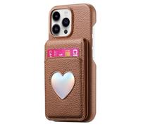 iTape Litchi-Grain cardholder Integrated Phone case for iPhone 15 Pro max, Soft Touch, Folding Card Slot with Makeup Mirror, and Drop-Proof Laser Hearts on All Four Corners RFID Anti-Theft Card