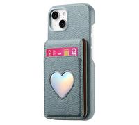 iTape Litchi-Grain cardholder Integrated Phone case for iPhone 15, Soft Touch, Folding Card Slot with Makeup Mirror, and Drop-Proof Laser Hearts on All Four Corners RFID Anti-Theft Card