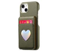 iTape Litchi-Grain cardholder Integrated Phone case for iPhone 15, Soft Touch, Folding Card Slot with Makeup Mirror, and Drop-Proof Laser Hearts on All Four Corners RFID Anti-Theft Card