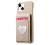 iTape Litchi-Grain cardholder Integrated Phone case for iPhone 15, Soft Touch, Folding Card Slot with Makeup Mirror, and Drop-Proof Laser Hearts on All Four Corners RFID Anti-Theft Card
