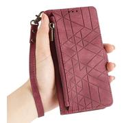 iTape Zipper Wallet Case for ASUS Zenfone 12 Ultra, Geometric Pattern [Card Slot] [Kickstand], Wrist Strap Red