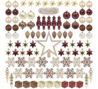 ITART 101pcs Christmas Tree Ornaments Assortment Including Star Tree Topper Baubles Snowflakes Pine Cone Nutcracker Figurines Poinsettia Beads Garlands (Red Brown and Champagne)