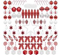 ITART 105pcs Christmas Tree Ornaments Assortment Including Star Tree Topper Baubles Snowflakes Pine Cone Nutcracker Figurines Candy Canes Beads Garlands (Red and White)