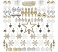 ITART 115pcs Christmas Tree Ornaments Assortment Including Star Tree Topper Baubles Snowflakes Pine Cone Nutcracker Figurines Icicles Beads Garlands (Champagne White and Silver)