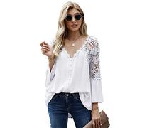 ITBCLOVE Fall Tops for Women Lace Boho Blouses Crochet Flowy Bell Sleeve Button Down Casual T Shirts (White,L)