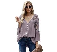 ITBCLOVE Fall Tops for Women Lace Boho Blouses Crochet Flowy Bell Sleeve Button Down Casual T Shirts (Purple,L)