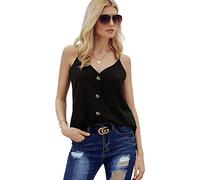 ITBCLOVE Women's Boho Floral Spaghetti Straps Tank Top Button Down V Neck Summer Sleeveless Strappy Cami Shirts Blouse (Black,XL)