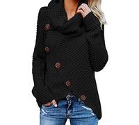 ITBCLOVE Women's Button Turtle Cowl Neck Sweater Asymmetric Hem Wrap Knitted Pullover Casual Jumper Tops (Black,M)