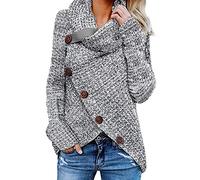 ITBCLOVE Women's Button Turtle Cowl Neck Sweater Asymmetric Hem Wrap Knitted Pullover Casual Jumper Tops (Gray,XL)