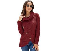 ITBCLOVE Women's Button Turtle Cowl Neck Sweater Asymmetric Hem Wrap Knitted Pullover Casual Jumper Tops (Red,M)