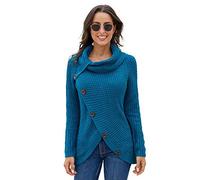 ITBCLOVE Women's Button Turtle Cowl Neck Sweater Asymmetric Hem Wrap Knitted Pullover Casual Jumper Tops (Blue,L)