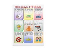 ITCLEYMDZV Friends Role Play Scenarios Poster Real Life Conversation Practice for English Learning Canvas Wall-Art(Framed,08x12inch(20x30cm))