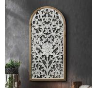 ITETONE Bohemian 3D Carved Wood Wall Art, 30.5"x14.7"Arched Floral Decor Wall Sculpture, Distressed Wood Hanging Carving Panel for Bedroom Farmhouse Moroccan Interior