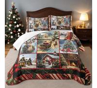 ITFRO Christmas Quilt Set Queen Snow Scenery Sled Santa Claus Snowman Deer Plaid Patchwork Bedspread Soft Microfiber 3 Piece Bedding Set with 2 Pillow Shams Holiday Coverlet Home Decor (Retro, Queen)
