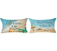 ITFRO Set of 2 Nice Gift Hello Summer Life is Better at The Beach This is My Happy Place Ocean Starfish Lumbar Cotton Linen Throw Pillow Case Cushion Cover Sofa Home Decor Waist 12X20 Inches (Beach)