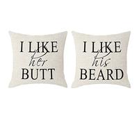 ITFRO Set of 2 Wife Husband Wedding Gift I Like Her Butt His Beard Beige Burlap Throw Pillow Case Cushion Cover Sofa Bedroom Decorative Square 18x18 Inches
