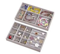 iTGOOS 2 PCS Jewellery Drawer Organiser Tray Set, Jewelry Inserts Dividers Storage for Drawer, Velvet Stackable Jewellery Display Compartments Holder Box for Necklace, Earring, Ring(Grey)