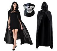 iTGOOS Halloween Black Hooded Cloak Reaper's Cloak Black Devil's Cloak Long Cape with Hood for Adult Skull Party Masks Skull Face Mask Halloween Dance Costume Party Black Cape