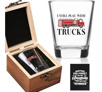 Ithmahco Christmas Gifts for Firefighter - I Still Play With Trucks Shot Glass with Wooden Box - Holiday Gift From Family, Friends, Co-workers, Funny Gift for Firefighter