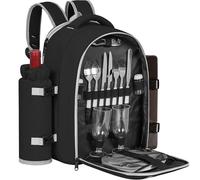 ITHWIU Picnic Backpack for 2 Persons with Insulated Leakproof Cooler Compartment, Cutlery Sets, Wine Holder, Fleece Blanket, Wedding Gifts for Couples, Perfect for Beach, Camping, Hiking, Black