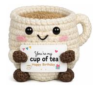 Ithyes Birthday Gift for Her, Handmade Crochet Cup of Tea with Birthday Greeting Card, for Women, Mum, Sister, Best Friend, Tea Lover Desk Decor Keepsake