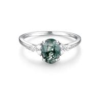 ITI KUOLOLIT Natural Moss Agate Ring Sterling Silver Wedding Engagement Ring Green Agate Promise Rings for Women 6x8 Oval Stone
