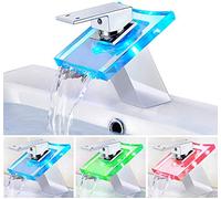 Itian Romantic RGB Glass Waterfall Faucet with LED Light Basin Sink Tap in Bathroom Kitchen