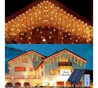 ITICdecor Solar Curtain String Lights 240LED/25.6FT 8 Modes Indoor Outdoor Waterproof Light for Party Garden Christmas Bedroom Wedding Camping Decor Warm White