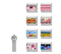 ITingstere Italian Charms Only Charm Silver 8Pcs and Tools 9mm Pink FlowerItalian Modular Charm Bracelet Link Handmade DIY Module Jewelry Gifts