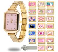 ITingstere Italian Charms Watch Bracelet Gold Glitter 22Pcs Clock Charms Set with 1Pcs Starter Brascelet 9mm Italian Modular Charm Bracelet DIY Module Jewelry Gifts for Women, Stainless Steel, No
