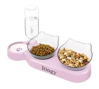 Itingy 3-In-1 Cat Food and Water Bowl Set, Cat Bowls with Stand Tilted 15°, Double Cats Bowls with Removable Water Bottle, Non-Slip Kitten Food Bowls For Cats & Dogs to Eat Simultaneously - Pink
