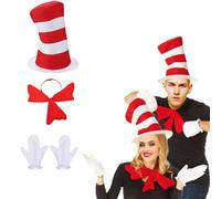 ITODA Adult Crazy Hat 3Pcs Fancy Dress Costume Set Red and White Striped Hat Big Red Bow Tie and Gloves Crazy Cat Cosplay Outfits for World Book Day Character