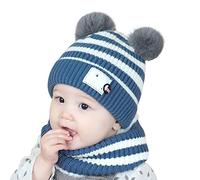 ITODA Baby Winter Knitted Hat Scarf Set Warm Pom Pom Hat Beanie Hat Neck Warmer Boys Girls Crochet Hat Thermal Fleece Circle Scarf Hat for Toddler 3-24 Months Blue