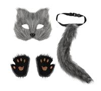 ITODA Faux Fur Animal Mask Gloves Tail Set Fancy Dress Wolf Cosplay Set Furry Cat Paw Gloves Costume Animal Dress Up Accessory for Halloween Party Carnival Role Play grey
