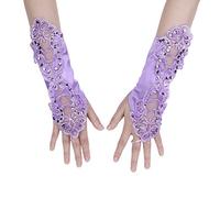 ITODA Fingerless Bridal Gloves Women Floral Lace Gloves Rhinestone Wedding Gloves Vintage Opera Gloves Satin Handwear for Fancy Dress Wedding Prom Party Banquet Performance Ball Costume, Purple