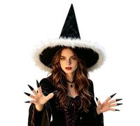ITODA Fluffy Witch Hat and Long Nails Wide Brim Vampire Witch Hat Devil Wizard Hats Pointed Witches Hats Ghost Claw Finger Cover for Halloween Party Performance Cosplay