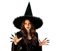ITODA Fluffy Witch Hat and Long Nails Wide Brim Vampire Witch Hat Devil Wizard Hats Pointed Witches Hats Ghost Claw Finger Cover for Halloween Party Performance Cosplay