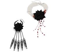 ITODA Gothic Pearl Necklace Bracelet Set Vampire Choker Bracelet Punk Party Vampire Bracelets Ghost Bride Day of the Dead Pearl Necklaces Party Costume for Halloween Easter Carnival