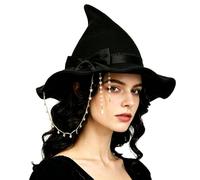ITODA Halloween Black Witch Hat with Rose Flower Gothic Wizard Hat Knitted Witch Hats Wide Brim Pointed Hats Costume Accessories for Halloween Cosplay Fancy Dress Party