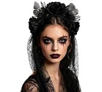 ITODA Halloween Floral Headband Butterfly Flower Headdress Spiderweb Black Lace Ghost Headband Day of the Dead Headpiece with Veil for Halloween Party Cosplay Fancy Dress